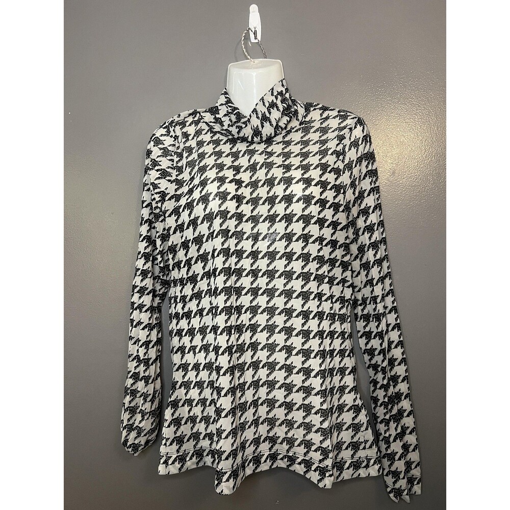 White House Black Market Shirt Womens Large Black White Houndstooth Cowl Neck